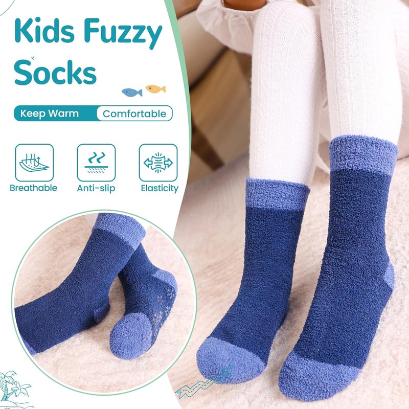 Eocom Kids Fuzzy Slipper Socks with Grips Children Boys Girls Toddlers Non Slip Warm Winter Cozy Fluffy Thermal Cute Socks 6 Pairs - Image 3